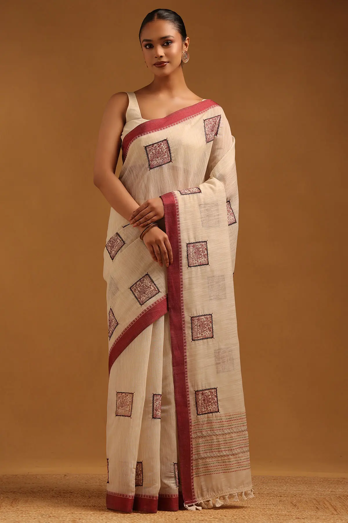 Maroon Chanderi Warli Saree With Thread Work